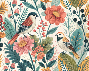 Seamless Tropical Jungle Vector Illustration Pattern. Cute Artsy Mix of Botanical Elements, Abstract Shapes, Animals and Birds for fabric design, nursery decor, kids' products, wallpapers, packaging, 