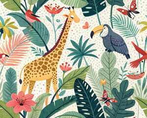 Seamless Tropical Jungle Vector Illustration Pattern. Cute Artsy Mix of Botanical Elements, Abstract Shapes, Animals and Birds for fabric design, nursery decor, kids' products, wallpapers, packaging, 