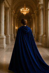 Naklejka premium A woman in a flowing blue cape walks through an elegant grand hall with ornate columns and a chandelier, evoking a sense of mystery and elegance.