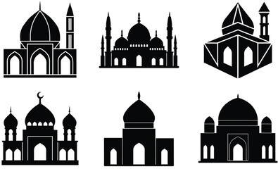Mosque Silhouette Vector Collection – Diverse Islamic Architecture Styles Featuring Domes, Minarets, and Cultural Designs for Religious and Heritage Projects