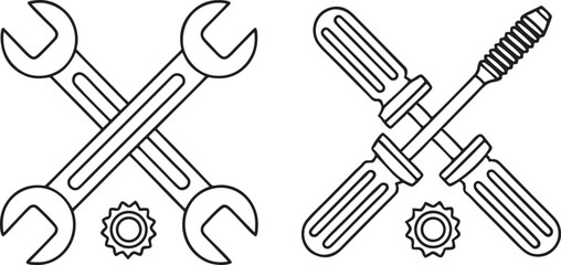 Wrench Screwdriver Bolts Icon Set Vector Black Mechanical Tool Collection for Technical UI Engineering and Repair