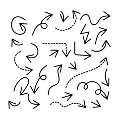 Set of simple hand drawn black arrows. Various simple lines of arrow collection
