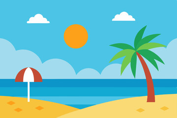 Obraz premium Tropical beach vector illustration: summer landscape with palm trees, sun, sand, and ocean waves for your perfect vacation