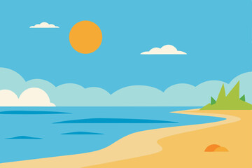Obraz premium Tropical beach and sea vector illustration with sand, ocean, sunny sky, and island landscape perfect for summer travel vacation
