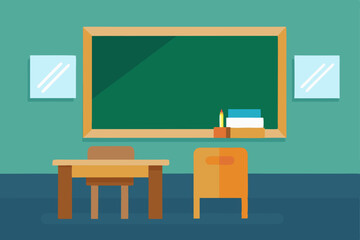 Back to school classroom interior with an empty blackboard, desk, and chair