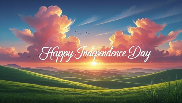 Peaceful sunrise over open fields with &ldquo;Happy Independence Day&rdquo; written in clouds or skywriting