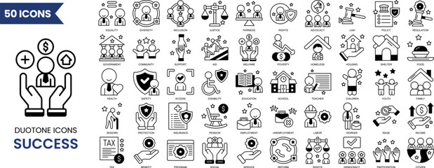 Success icon set in duotone style. Icons related to progress, career, growth, profit and more. Vector illustration