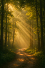A serene forest scene with sunlight streaming through the trees, illuminating a winding path surrounded by lush greenery.