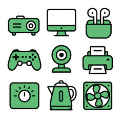 Electronic & gadget icons. Projector, imac, earbuds, gamepad, webcam, printer, timer, kettle, fan