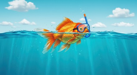 Goldfish Wearing Snorkel and Goggles Swimming Underwater | Playful Fish Illustration for Summer Fun, Aquatic Adventures, Kids Products and Marine Life Education