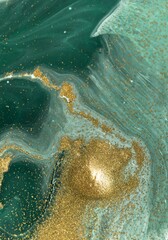 Abstract art featuring swirling teal and gold pigments in a fluid design