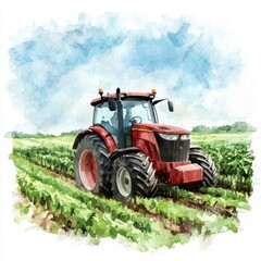 Naklejka premium Watercolor painting of a red tractor in a green field under a cloudy blue sky