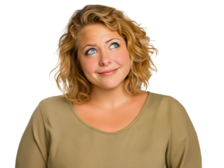 portrait of a young Caucasian blonde woman looking up and to the side with a curious expression, isolated on white or transparent background
