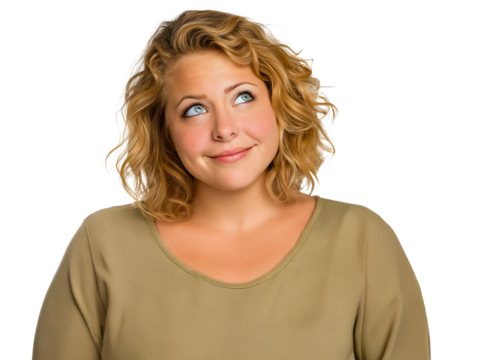 portrait of a young Caucasian blonde woman looking up and to the side with a curious expression, isolated on white or transparent background