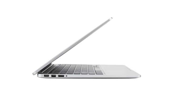 Slim laptop with open lid on a transparent background  