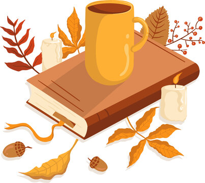 Fototapeta Flat design is showing mug on book with melted candles and fall leaves on transparent background