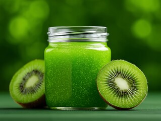 Jar of green kiwi jam with fresh fruit, Homemade kiwi preserve on green, Food packaging or healthy dessert concept