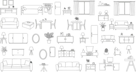 Modern interior furniture collection outline icon set, including sofas, tables, chairs, cabinets, decor elements, window curtains, home plants, lamps, and appliances illustration.