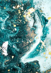 Abstract teal and white fluid art with gold accents and silver leaf details