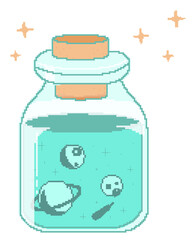 Mini cosmic scene is glowing inside pixel art glass jar, planet orbiting on transparent background