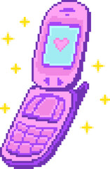 Pixel art pink flip-phone is opening, featuring cyan heart icon and yellow stars, clear background