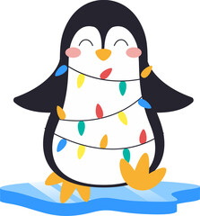 Flat cartoon penguin is standing on ice patch wearing multicolored lights on transparent background