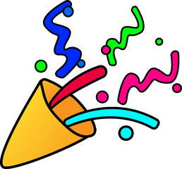 Flat design is showing yellow party popper releasing streamers and confetti, transparent background