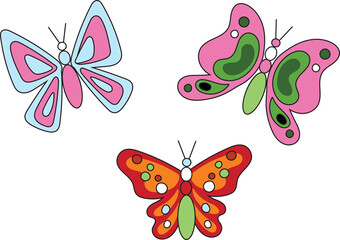 Butterflies are hovering on transparent backdrop in flat design with wing patterns, copy space
