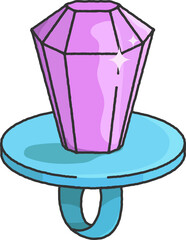 Purple faceted crystal is standing on blue circular platform with loop, transparent background