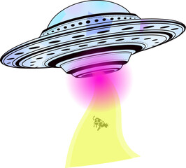 Cartoon-style UFO is hovering on transparent backdrop, emitting magenta beam lifting cow silhouette