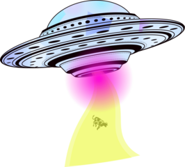 Cartoon-style UFO is hovering on transparent backdrop, emitting magenta beam lifting cow silhouette