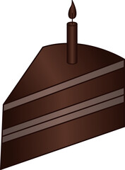Layered chocolate cake slice is displaying flat style with lit candle flame, transparent background