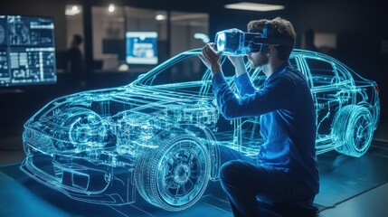 Man with Vr Goggles Examining Car Blueprint
