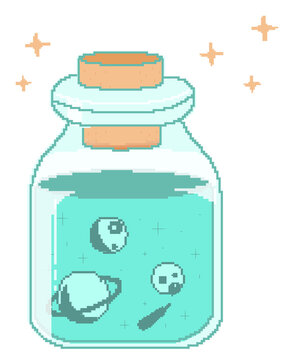 Fototapeta Mini cosmic scene is glowing inside pixel art glass jar, planet orbiting on transparent background