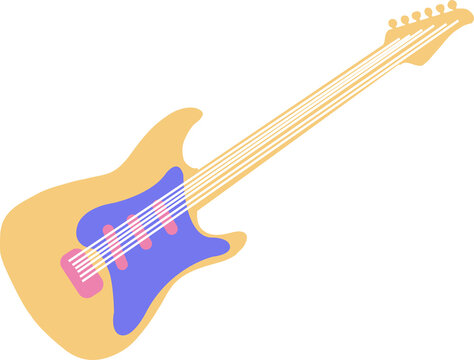 Flat design guitar floating on transparent background, showing purple pickguard and tuning pegs
