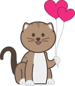 Fototapeta Flat design cartoon cat is sitting on transparent background, holding two pink heart balloons