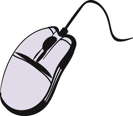 Flat design wired mouse showing top-down on transparent background featuring scroll wheel and cable