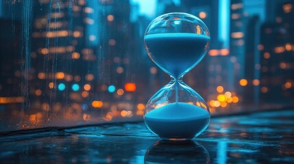 Time management: blue sand timer and cityscape background. 