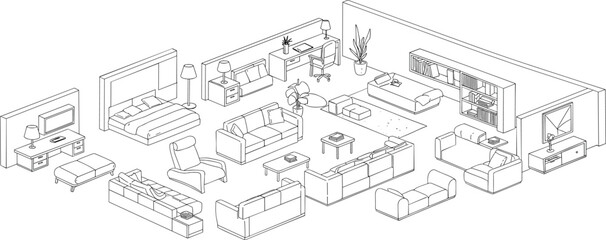 Stylized black and white isometric illustration of modern living room, bedroom, and office furniture arrangement, including sofas, desks, lamps, shelves, TV, plants, and decorative elements
