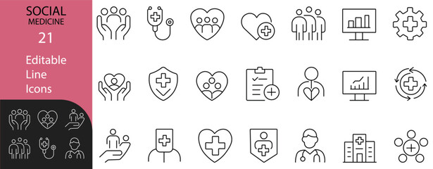 21 editable line icons focused on social medicine, featuring healthcare, hospital, doctor, patient care, medical data, and community support—perfect for web, app, and print use.