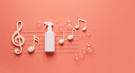 White spray bottle with musical notes and soap bubbles on coral pink background. Creative household cleaning and joyful domestic care concept