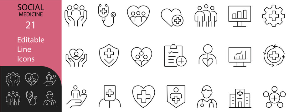21 editable line icons focused on social medicine, featuring healthcare, hospital, doctor, patient care, medical data, and community support—perfect for web, app, and print use.