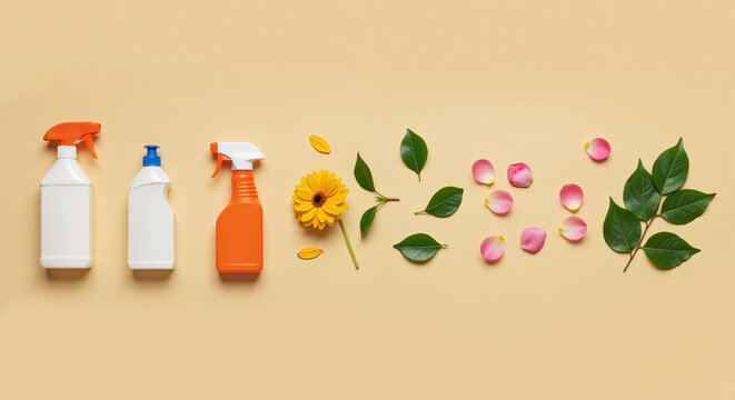 Three cleaning bottles with flower petals and green leaves arranged on beige background. Natural eco-friendly household products and spring cleaning concept - Powered by Adobe