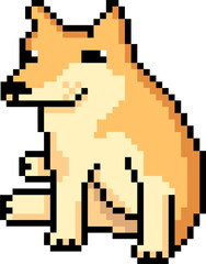 Stylized blocky pixel art dog is sitting angled left with lifted paw on transparent background