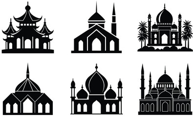 Global Mosque Silhouette Vector Collection – Ottoman, Mughal, Moorish, Modern, Arab, Persian, Southeast Asian & Chinese Islamic Architecture Designs (EPS)