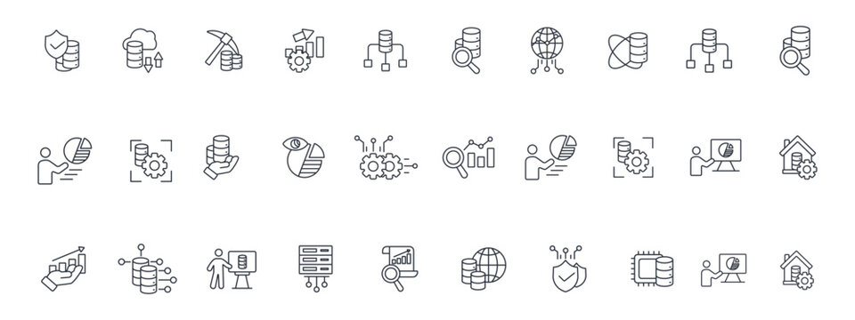 Data analytics icon set. style sign for use web design, logo, Symbol vector illustration. Chart, graph, analysis, report, growth, trend, statistics, pie chart, bar graph, line graph, scatter plot.