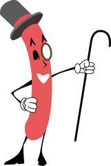 Flat design sausage character is striking pose on transparent background with top hat and cane