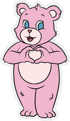 Flat design pink teddy bear is standing on transparent background, forming heart gesture with paws