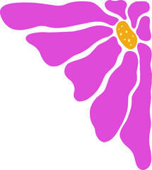 Flower is blooming in flat design, magenta petals, yellow dotted center on transparent backdrop