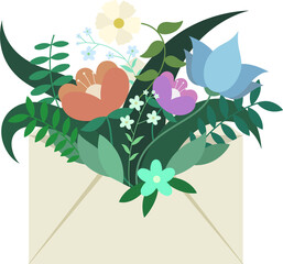 Flat vector design is showing envelope spilling vibrant flowers and leaves, transparent background